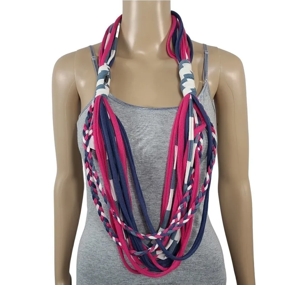 Banded pink and blue braid womens infinity scarf